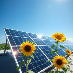 A modern solar panel installation on a rooftop, basking in bright sunlight with a clear blue sky in the background