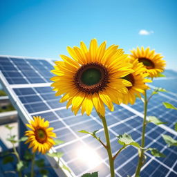 A modern solar panel installation on a rooftop, basking in bright sunlight with a clear blue sky in the background