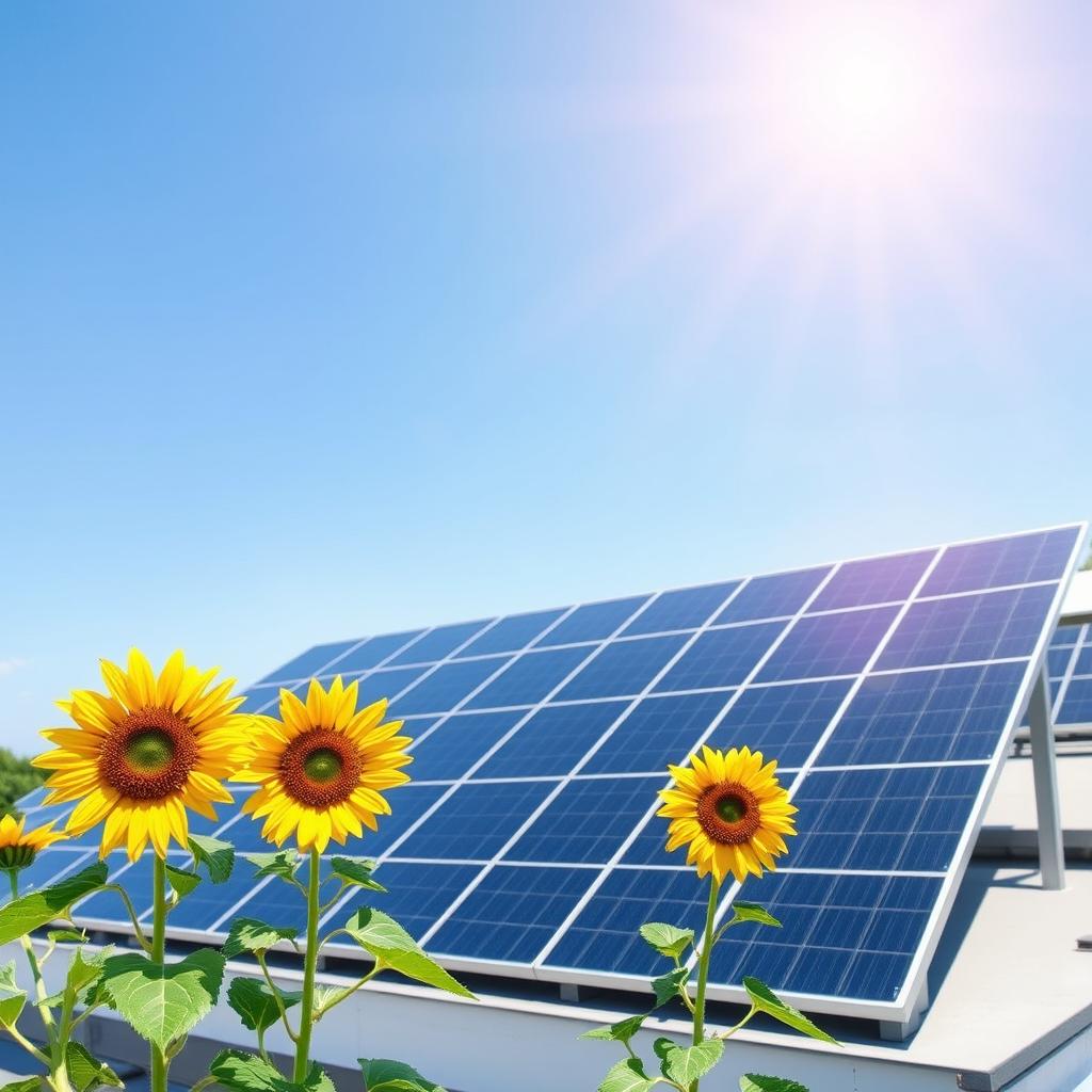 A modern solar panel installation on a rooftop, basking in bright sunlight with a clear blue sky in the background