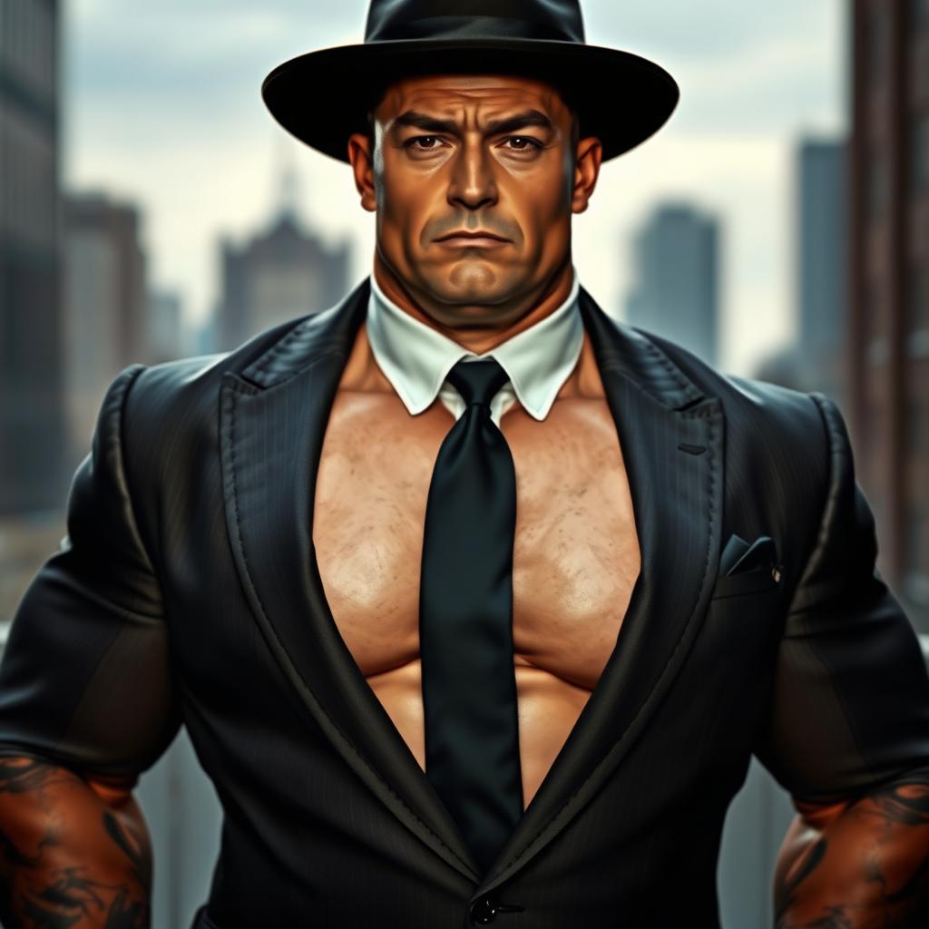 A bizarrely muscular man wearing a tailored suit and a black hat, showcasing an unusual physique