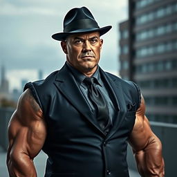 A bizarrely muscular man wearing a tailored suit and a black hat, showcasing an unusual physique