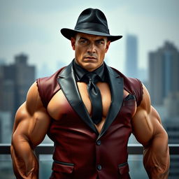A bizarrely muscular man wearing a tailored suit and a black hat, showcasing an unusual physique