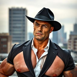 A bizarrely muscular man wearing a tailored suit and a black hat, showcasing an unusual physique
