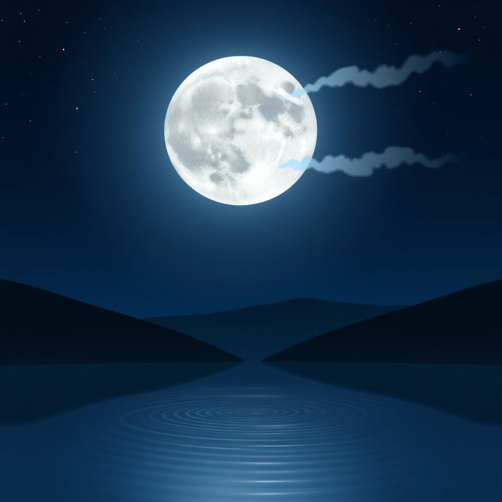 A tranquil night scene illuminated by a full moon, casting soft, silver light over a serene landscape