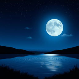A tranquil night scene illuminated by a full moon, casting soft, silver light over a serene landscape