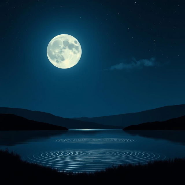 A tranquil night scene illuminated by a full moon, casting soft, silver light over a serene landscape