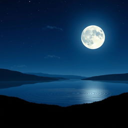 A tranquil night scene illuminated by a full moon, casting soft, silver light over a serene landscape