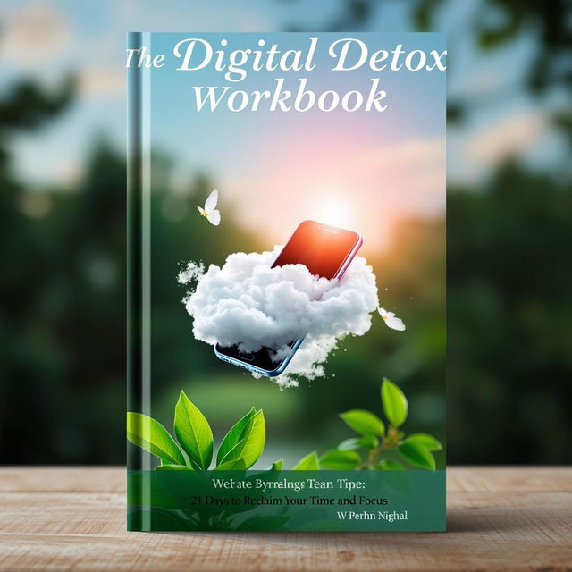 A serene book cover for a workbook titled 'The Digital Detox Workbook: 21 Days to Reclaim Your Time and Focus'