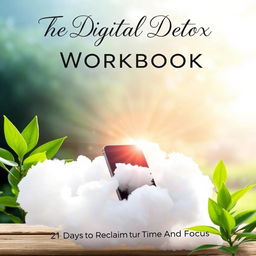 A serene book cover for a workbook titled 'The Digital Detox Workbook: 21 Days to Reclaim Your Time and Focus'