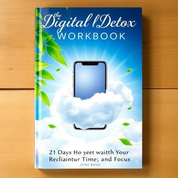 A serene book cover for a workbook titled 'The Digital Detox Workbook: 21 Days to Reclaim Your Time and Focus'