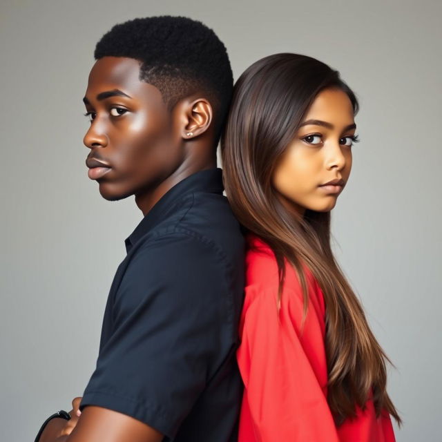 A realistic portrait of a handsome black boy and a beautiful girl standing back to back