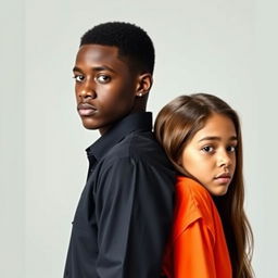 A realistic portrait of a handsome black boy and a beautiful girl standing back to back