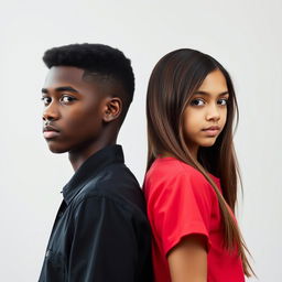 A realistic portrait of a handsome black boy and a beautiful girl standing back to back