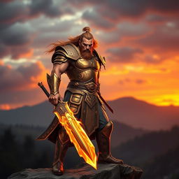A commanding man wielding a fiery sword, standing confidently with flames dancing along the blade