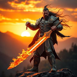 A commanding man wielding a fiery sword, standing confidently with flames dancing along the blade