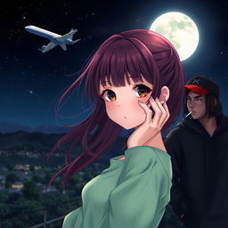 A captivating scene at night featuring a white girl with wine-colored hair and bangs, brown eyes, wearing a light green dress