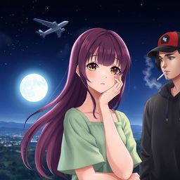 A captivating scene at night featuring a white girl with wine-colored hair and bangs, brown eyes, wearing a light green dress