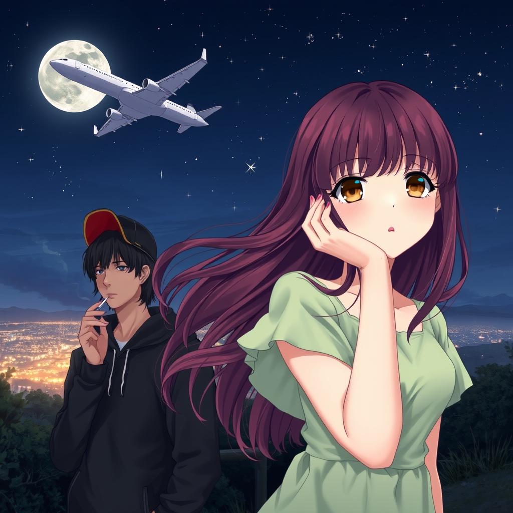 A captivating scene at night featuring a white girl with wine-colored hair and bangs, brown eyes, wearing a light green dress