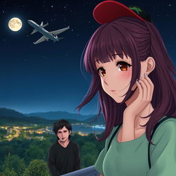 A captivating scene at night featuring a white girl with wine-colored hair and bangs, brown eyes, wearing a light green dress