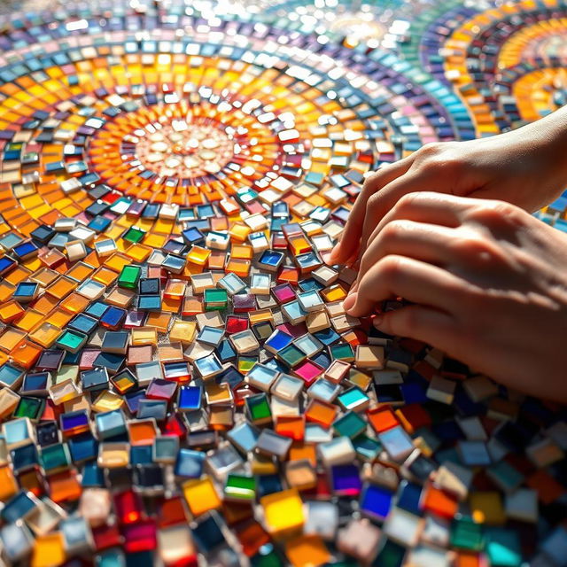 A vibrant, intricate mosaic in the process of construction, where each tiny tile contributes to a larger stunning image