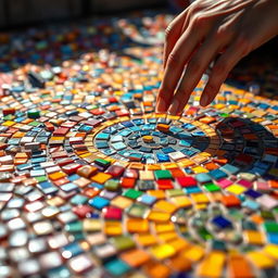 A vibrant, intricate mosaic in the process of construction, where each tiny tile contributes to a larger stunning image