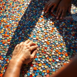 A vibrant, intricate mosaic in the process of construction, where each tiny tile contributes to a larger stunning image