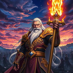 An old anime commander with a flaming sword, wearing a richly detailed armor with gold accents, standing confidently in a dramatic pose
