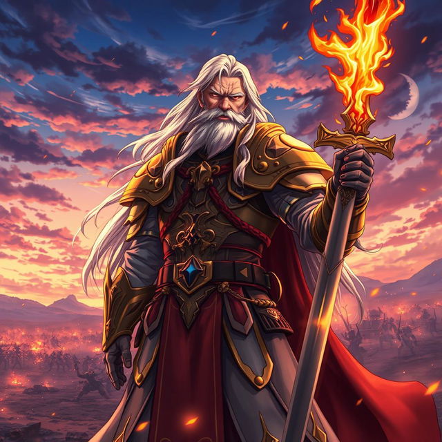 An old anime commander with a flaming sword, wearing a richly detailed armor with gold accents, standing confidently in a dramatic pose