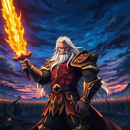 An old anime commander with a flaming sword, wearing a richly detailed armor with gold accents, standing confidently in a dramatic pose