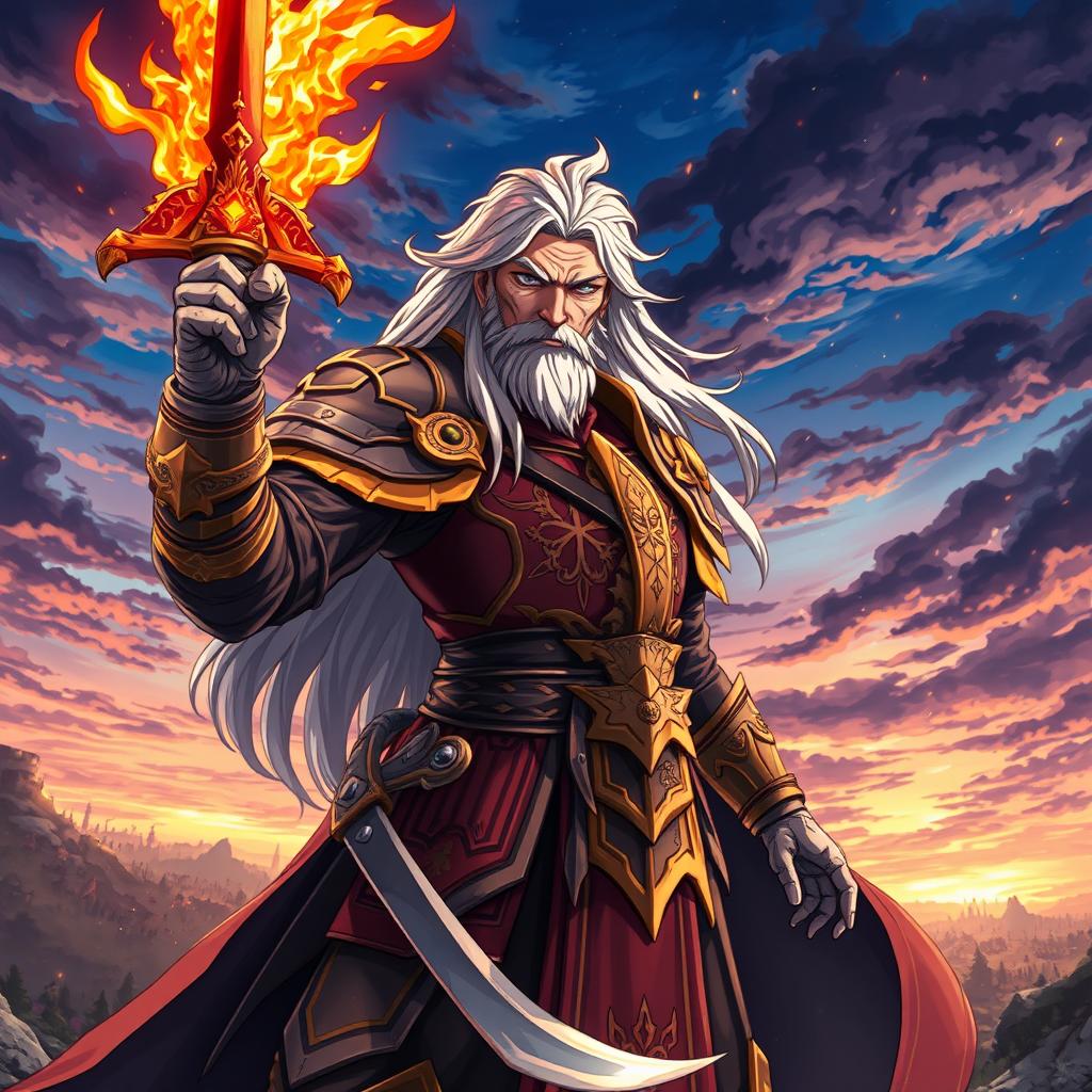 An old anime commander with a flaming sword, wearing a richly detailed armor with gold accents, standing confidently in a dramatic pose