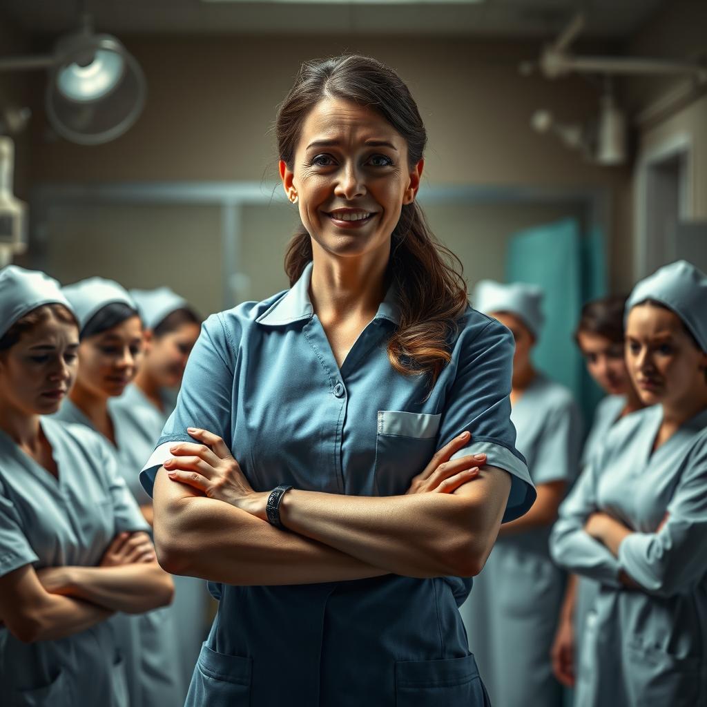 A tense scene in a hospital ward where a female Chief Nurse is depicted with a sly smile, displaying a bullying demeanor towards her female nurses who appear visibly upset and crying