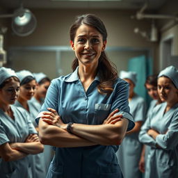 A tense scene in a hospital ward where a female Chief Nurse is depicted with a sly smile, displaying a bullying demeanor towards her female nurses who appear visibly upset and crying