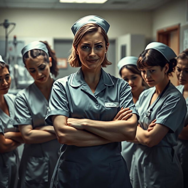 A tense scene in a hospital ward where a female Chief Nurse is depicted with a sly smile, displaying a bullying demeanor towards her female nurses who appear visibly upset and crying