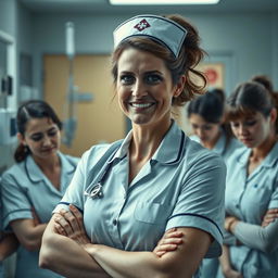 A tense scene in a hospital ward where a female Chief Nurse is depicted with a sly smile, displaying a bullying demeanor towards her female nurses who appear visibly upset and crying