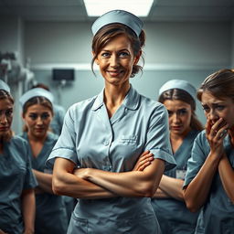 A tense scene in a hospital ward where a female Chief Nurse is depicted with a sly smile, displaying a bullying demeanor towards her female nurses who appear visibly upset and crying
