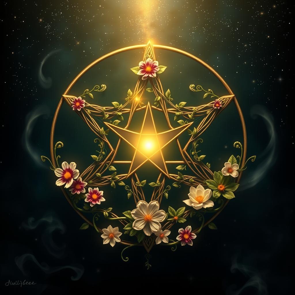 A beautifully designed pentagram, intricately woven with flowers and vines, surrounded by a mystical aura