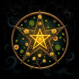 A beautifully designed pentagram, intricately woven with flowers and vines, surrounded by a mystical aura