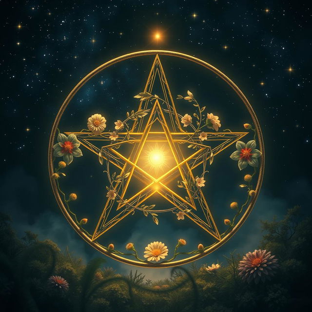 A beautifully designed pentagram, intricately woven with flowers and vines, surrounded by a mystical aura