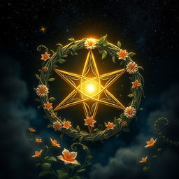 A beautifully designed pentagram, intricately woven with flowers and vines, surrounded by a mystical aura