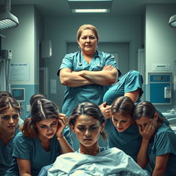 A scene depicting a Chief Nurse, a heavyset woman with a confident smile, overseeing a busy hospital ward