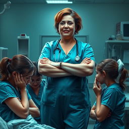 A scene depicting a Chief Nurse, a heavyset woman with a confident smile, overseeing a busy hospital ward