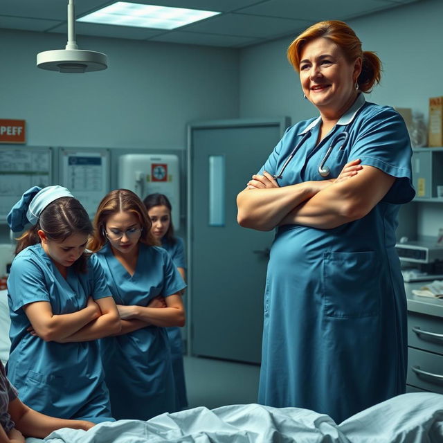 A scene depicting a Chief Nurse, a heavyset woman with a confident smile, overseeing a busy hospital ward