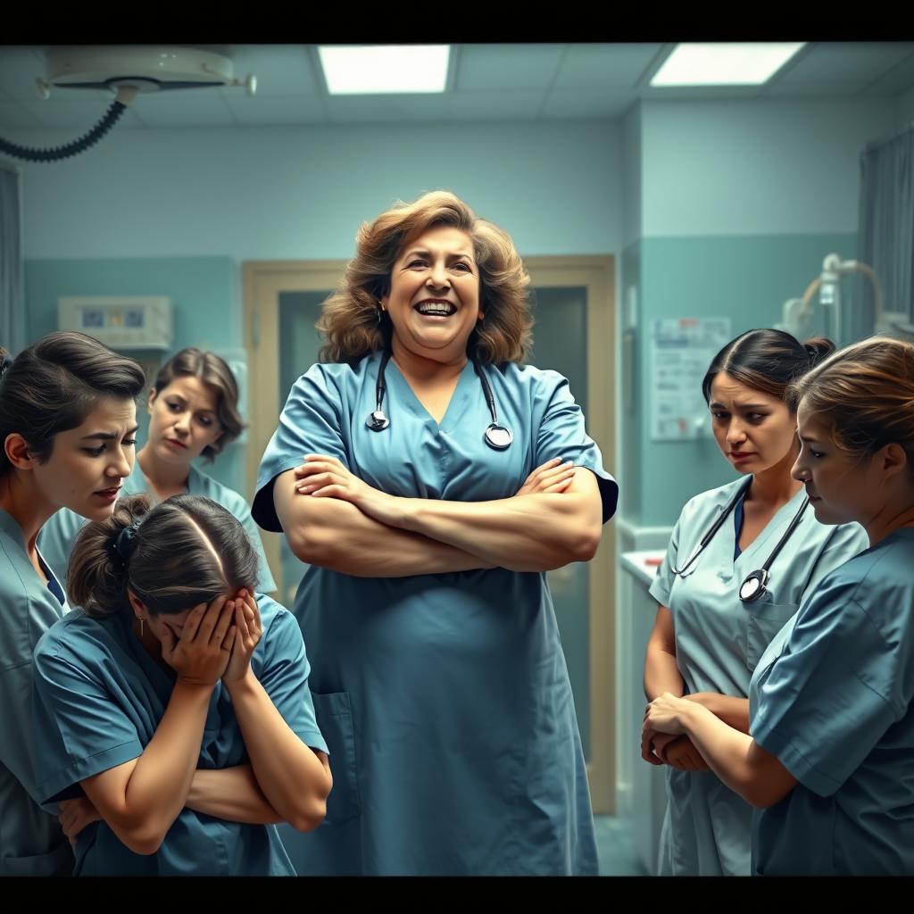 A scene depicting a Chief Nurse, a heavyset woman with a confident smile, overseeing a busy hospital ward