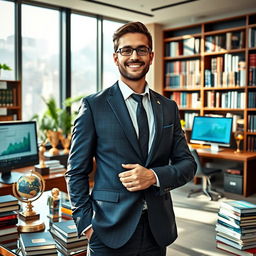 A visually striking portrait of the most intelligent and successful person in the world, standing confidently in a sophisticated office filled with books and technology