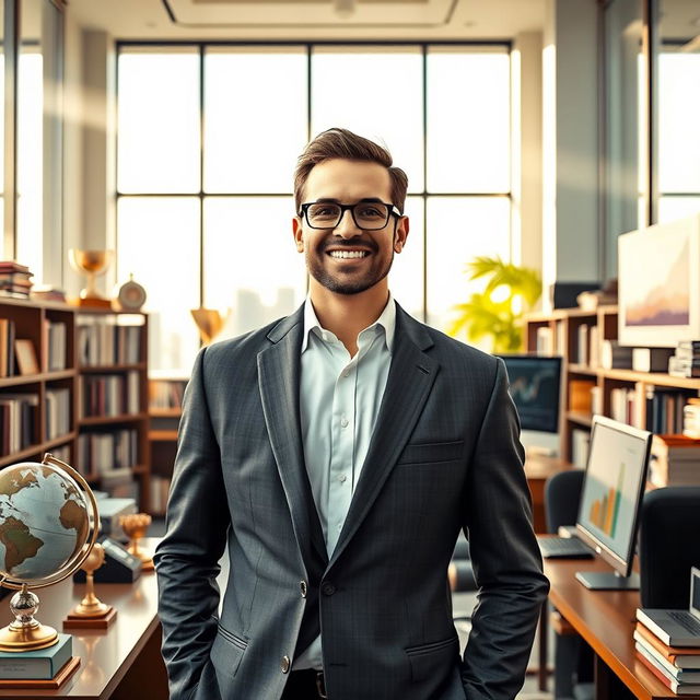 A visually striking portrait of the most intelligent and successful person in the world, standing confidently in a sophisticated office filled with books and technology