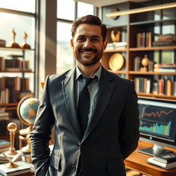 A visually striking portrait of the most intelligent and successful person in the world, standing confidently in a sophisticated office filled with books and technology
