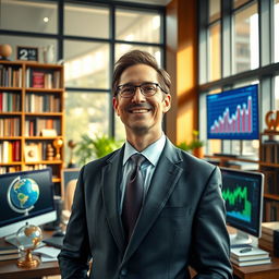A visually striking portrait of the most intelligent and successful person in the world, standing confidently in a sophisticated office filled with books and technology