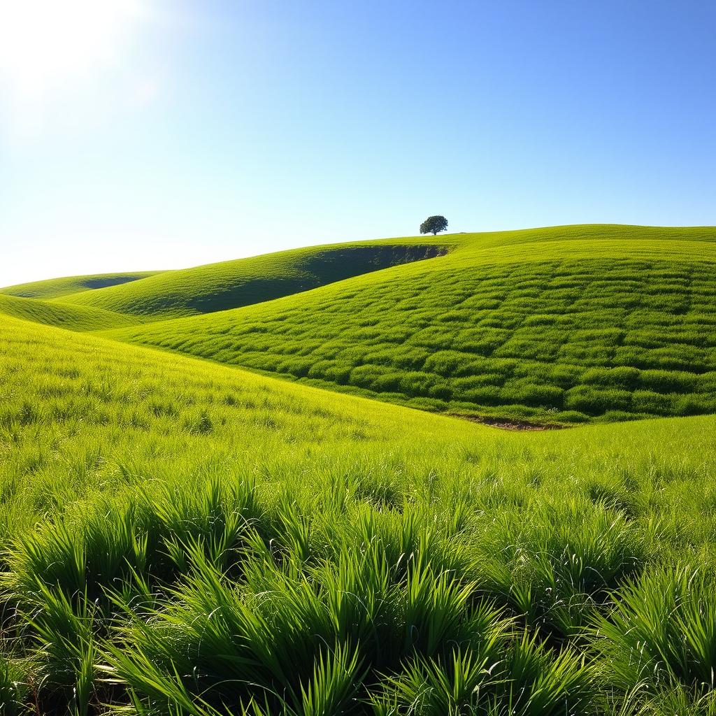 A vibrant, lush landscape featuring rolling hills covered in thick, green grass under a clear blue sky