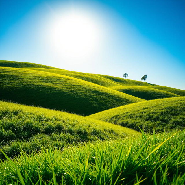 A vibrant, lush landscape featuring rolling hills covered in thick, green grass under a clear blue sky