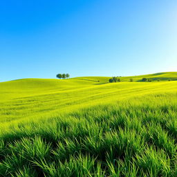 A vibrant, lush landscape featuring rolling hills covered in thick, green grass under a clear blue sky
